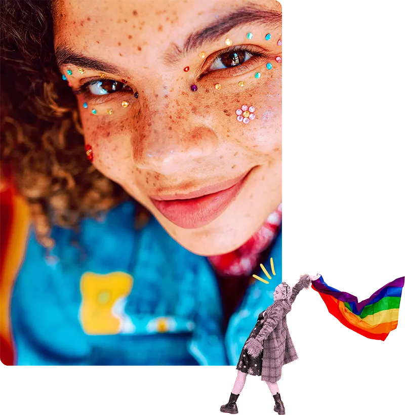 A collage of a woman with colorful red curly hair and freckles with a woman displaying a rainbow flag, embodying the spirit of the LGBTQ+ community.