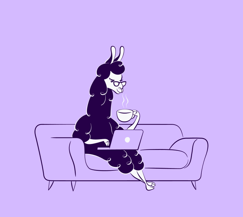 Illustration of a llama wearing glasses sitting on a couch with a laptop and holding a steaming cup.