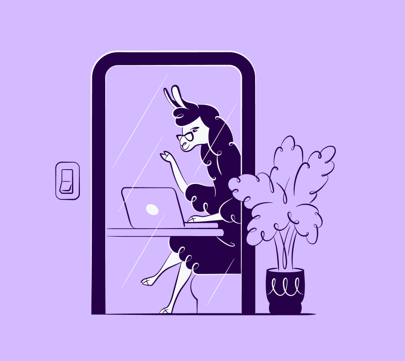 Illustration of a llama working on a laptop inside a room with a potted plant nearby.