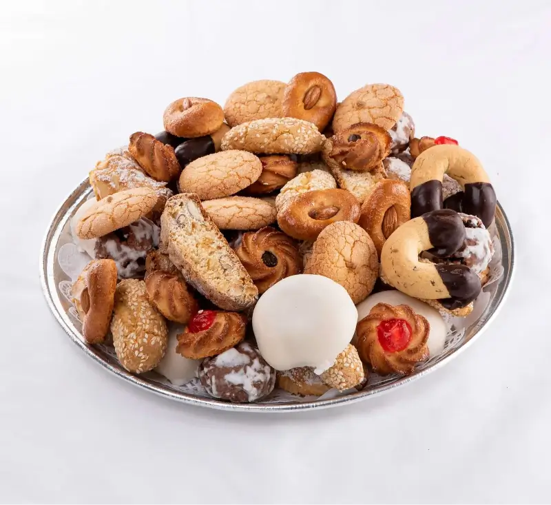 An image of a tray of homemade italian cookies of assorted varieties.