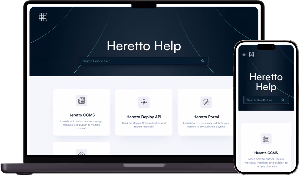A laptop and a phone on a table displaying Heretto's Help Center