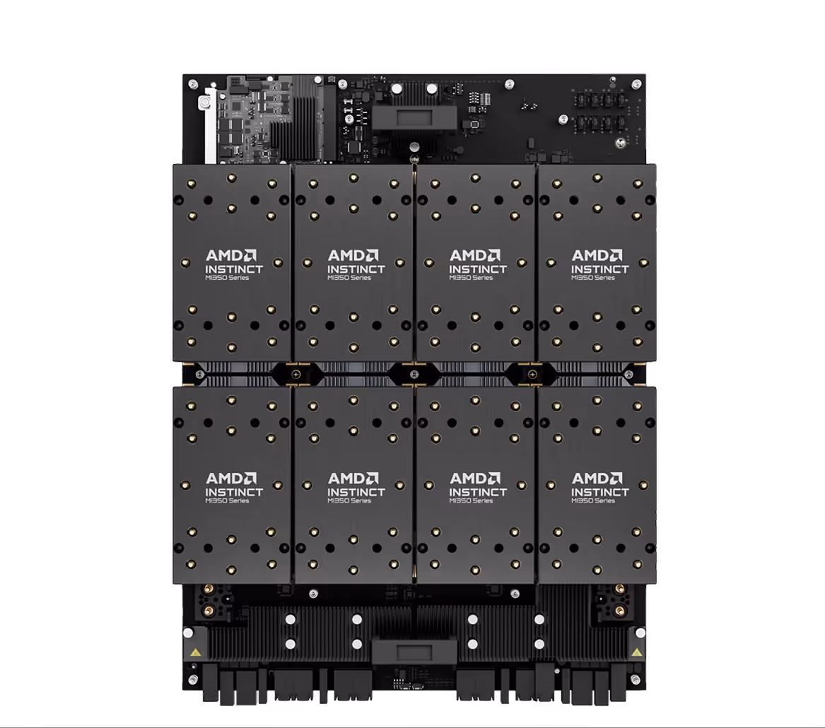 Top view of an AMD Instinct MI350 Series accelerator card with eight black heat spreaders covering GPU modules.
