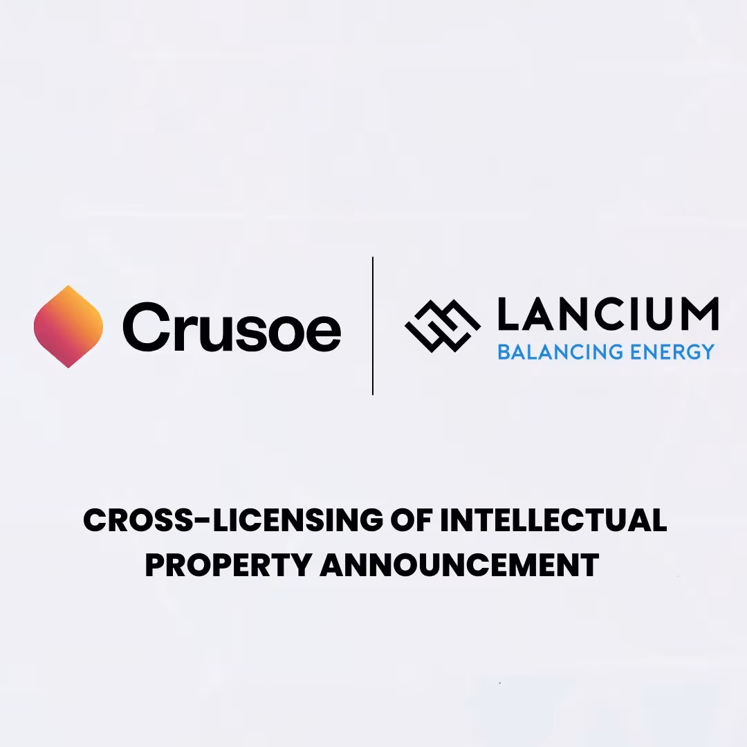 Crusoe and Lancium Balancing Energy logos with title "Cross-licensing of Intellectual Property Announcement".