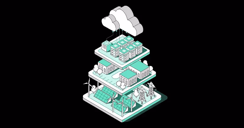 Illustration of Crusoe vertical integration model demonstrating our cloud computing powered by data centers with sources like wind turbines and solar.
