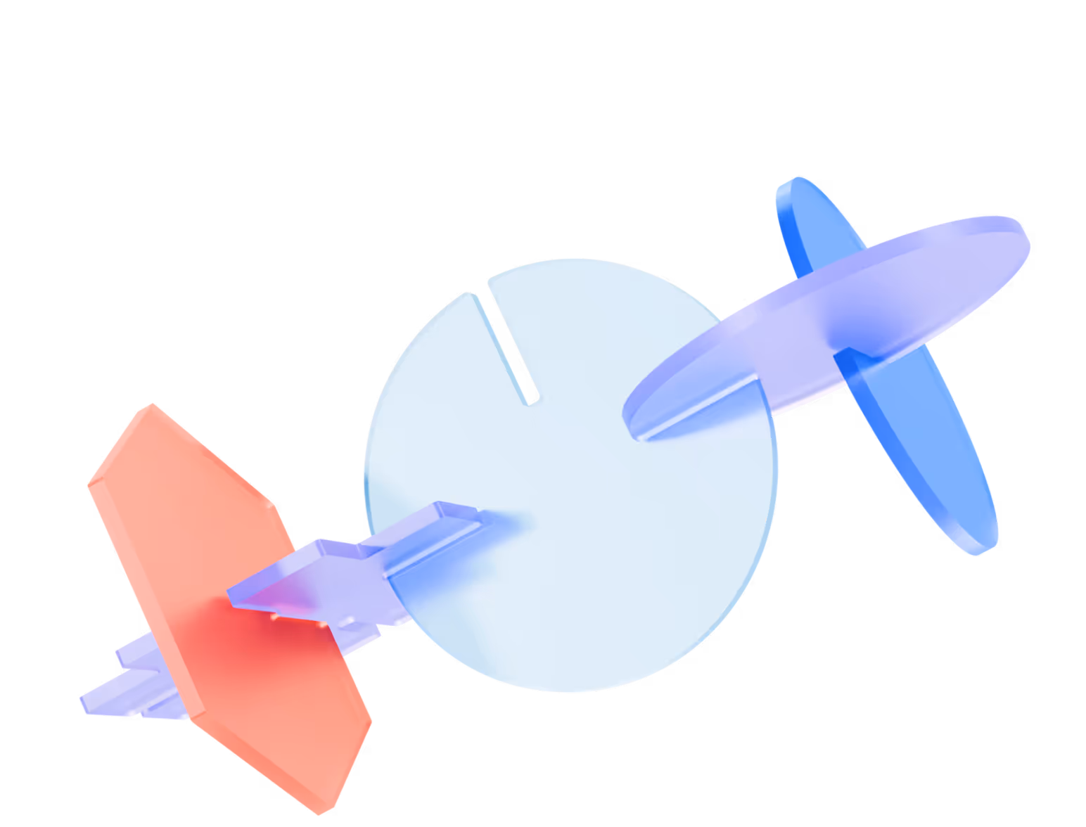 Abstract 3D shapes including a red hexagon, a light blue circular disc with a notch, and a translucent blue propeller-like form.