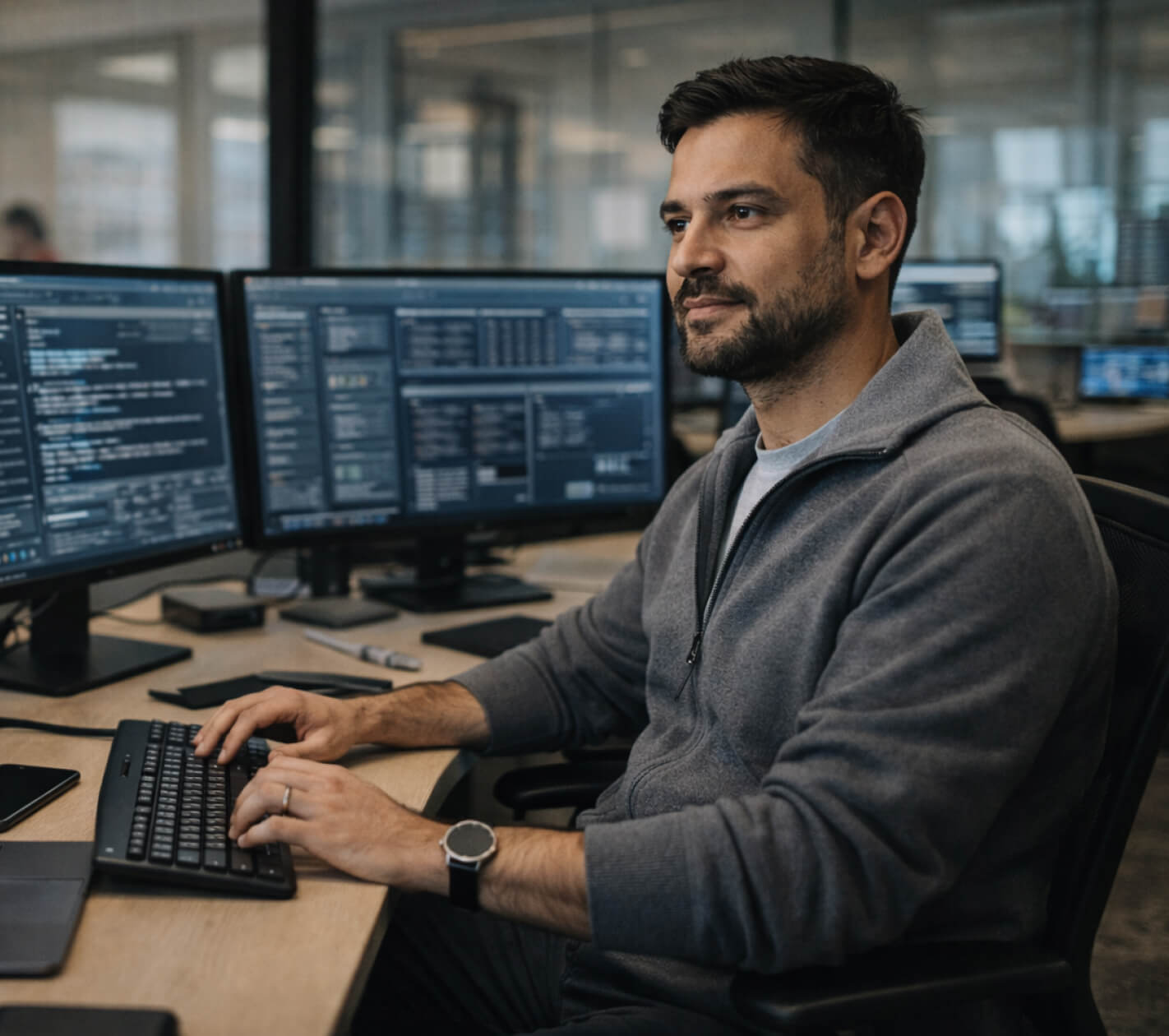 Man in a gray sweater working on a computer with multiple monitors displaying code and data in an office.