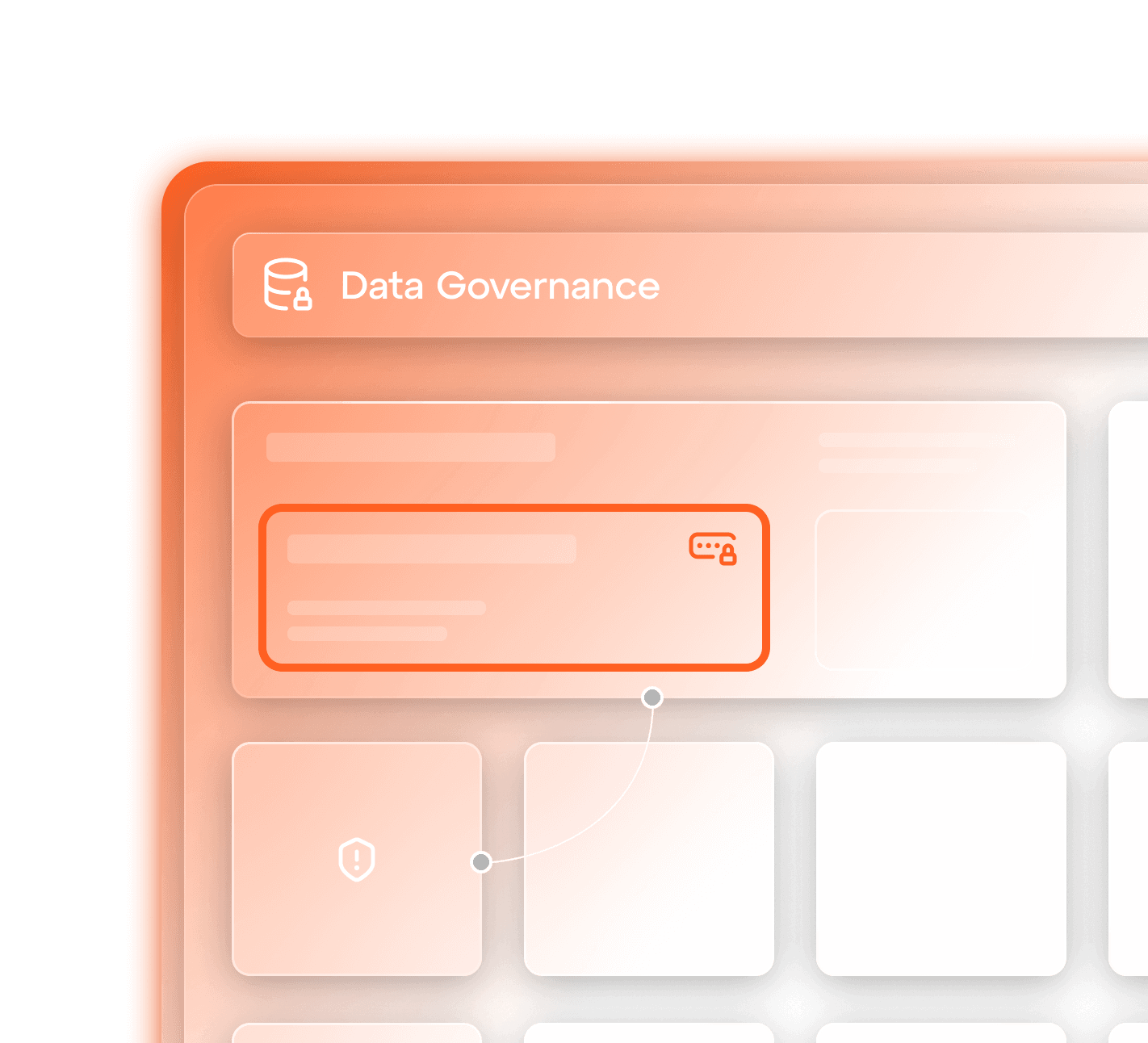 Interface screen displaying a Data Governance header with linked blocks containing icons and blurred text details.