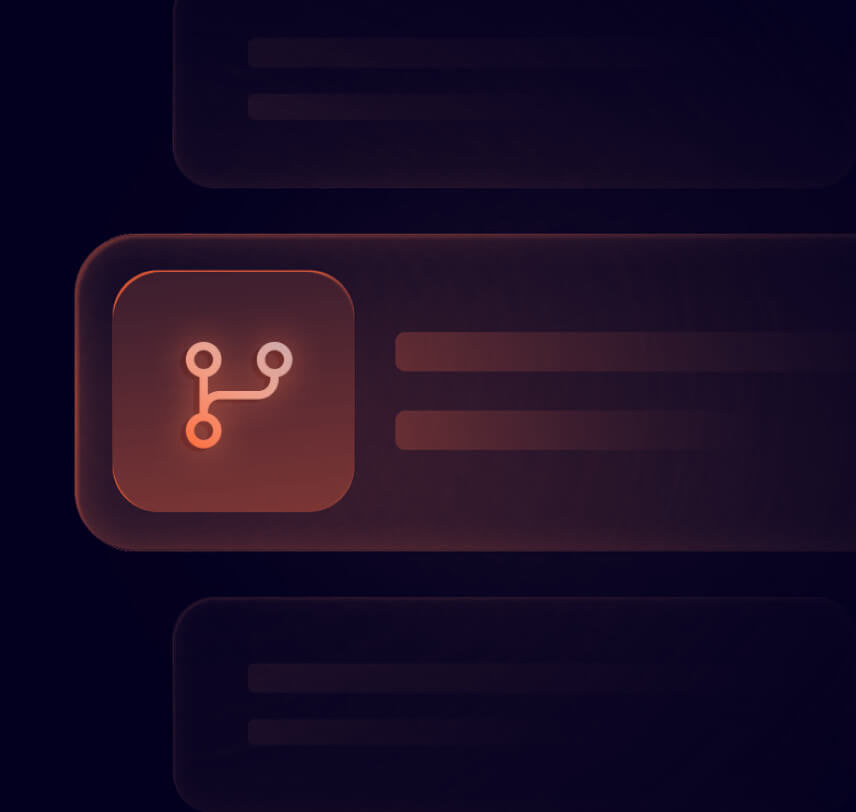 Glowing orange stylized network branches icon inside a rounded square on a dark background with blurred text lines beside it.