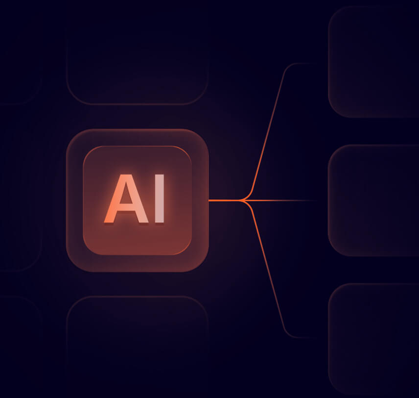 Glowing AI icon connected with branching lines on a dark background representing artificial intelligence network.