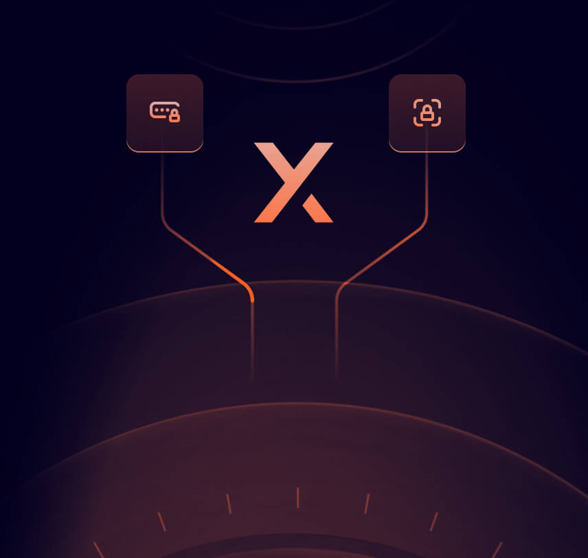 Stylized X logo with two icons above connected by lines, one showing a locked chat bubble and the other a locked face scan symbol.