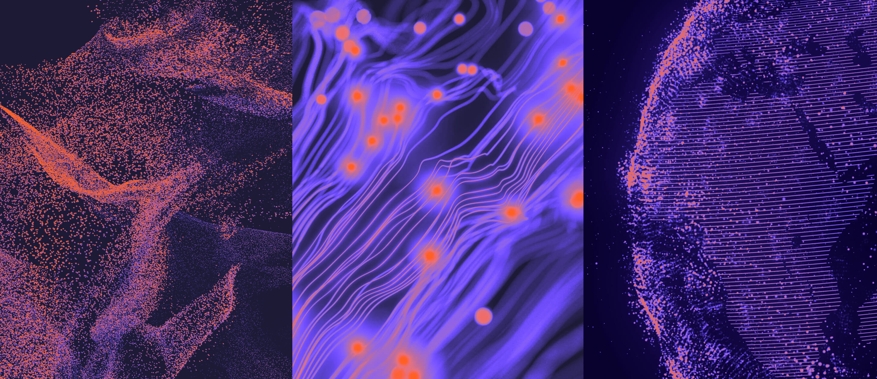 Abstract triptych visualization with purple and orange digital particles and lines, suggesting data flow and connectivity.