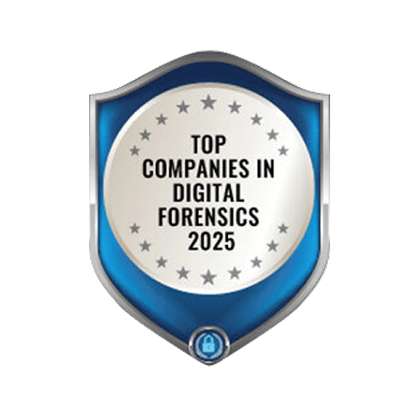 Blue and silver shield badge reading 'Top Companies in Digital Forensics 2025' with stars around the text.