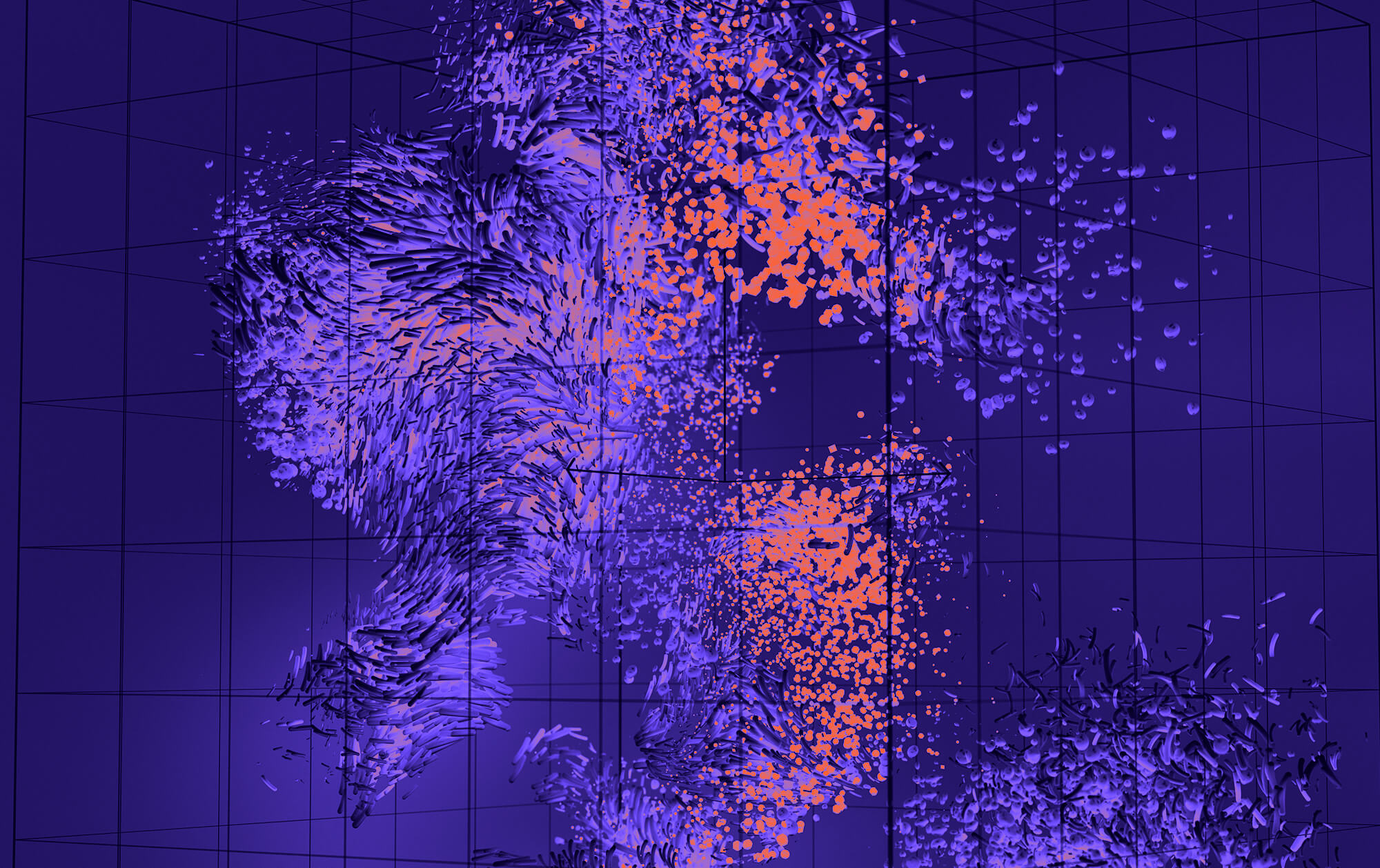 3D visualization of swirling purple and orange particles within a grid-like transparent cube on a dark blue background.