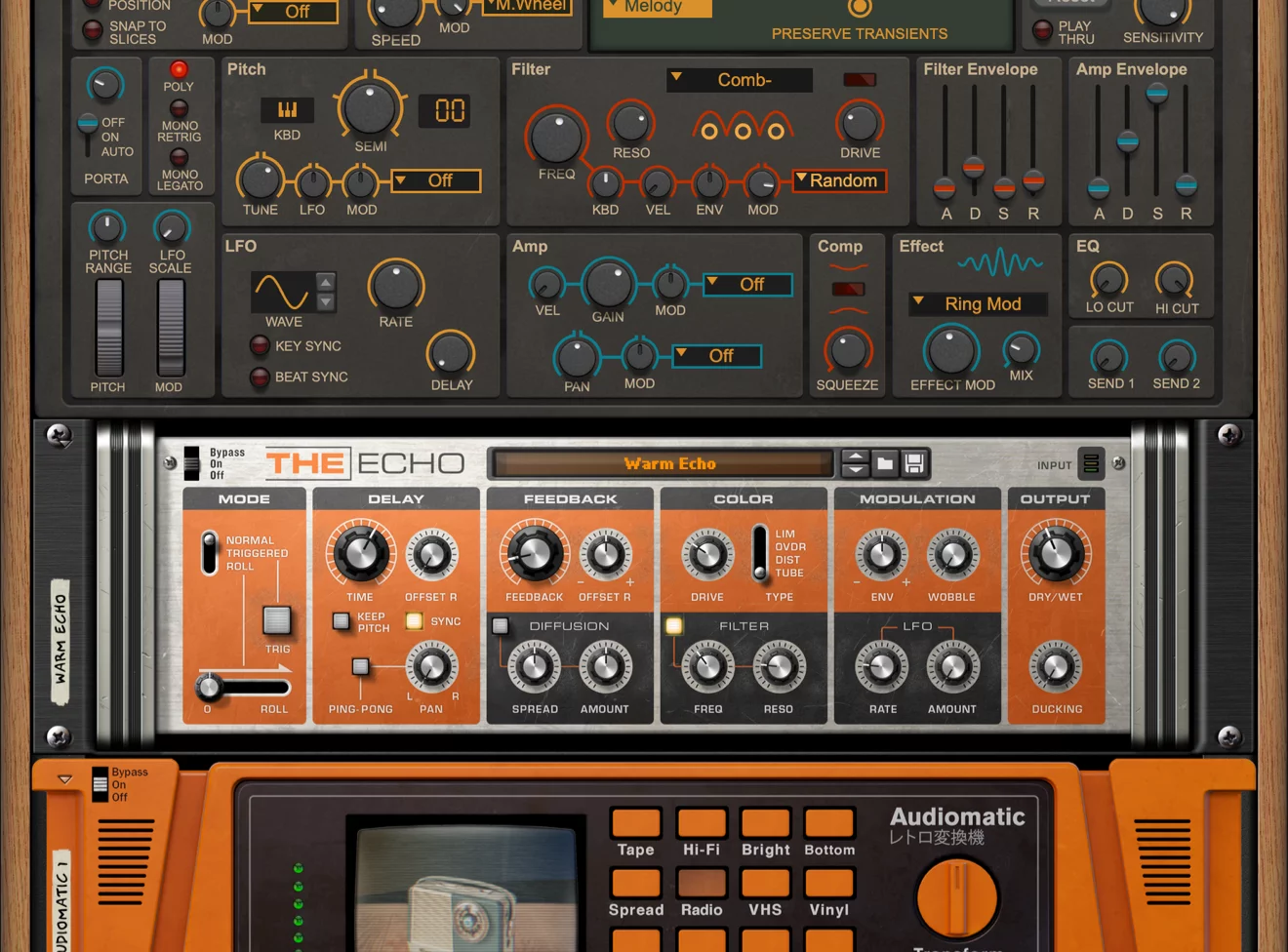 User interface of an audio plugin with echo, modulation, filter, and effects controls in orange and gray panels.