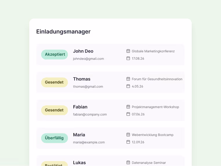 Einladungsverwaltung mit Eventeinladungen, Teilnehmerstatus und Registrierungsübersicht.