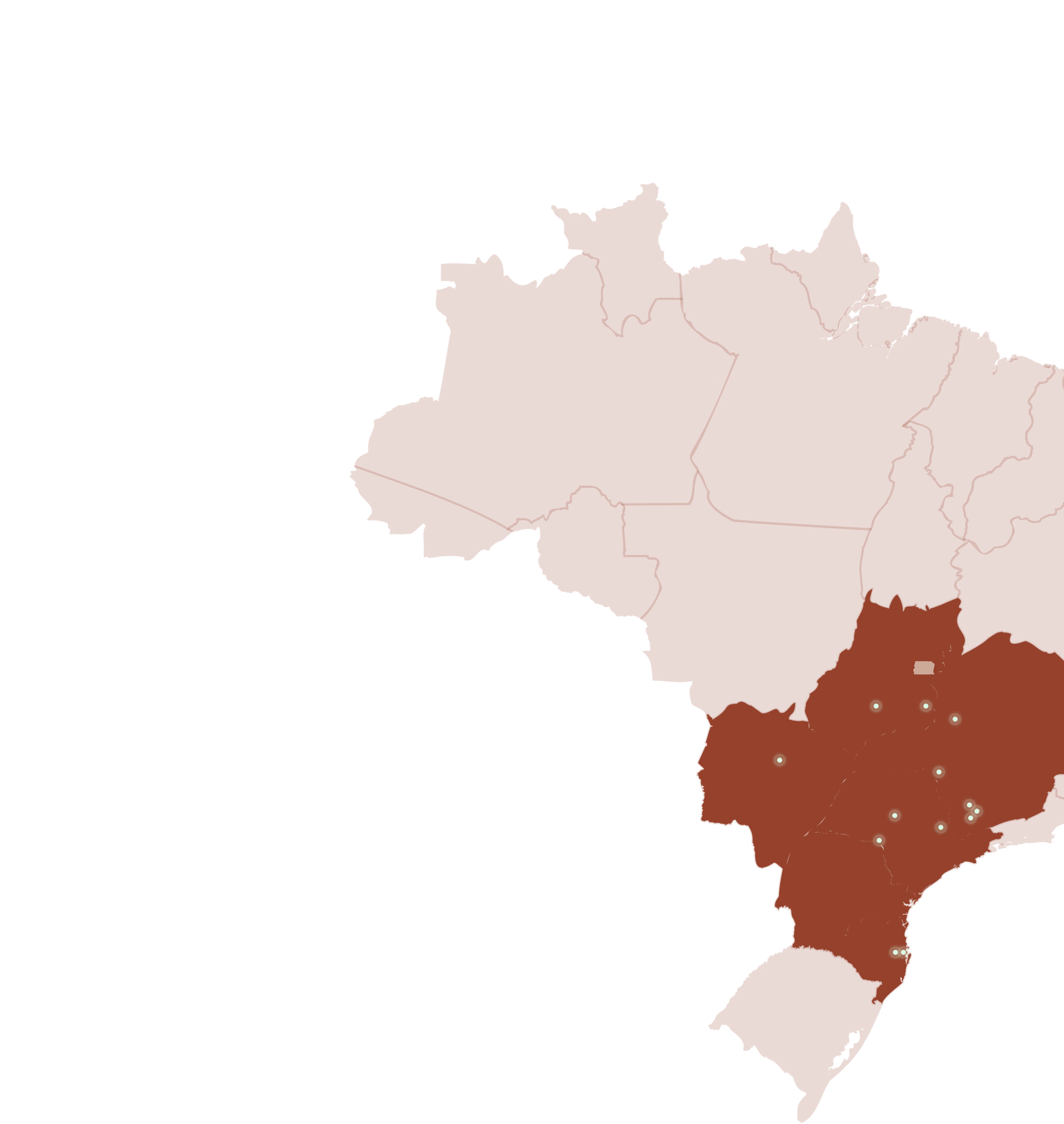 Map of Brazil with multiple white dots marking project locations mainly in the southeast region.