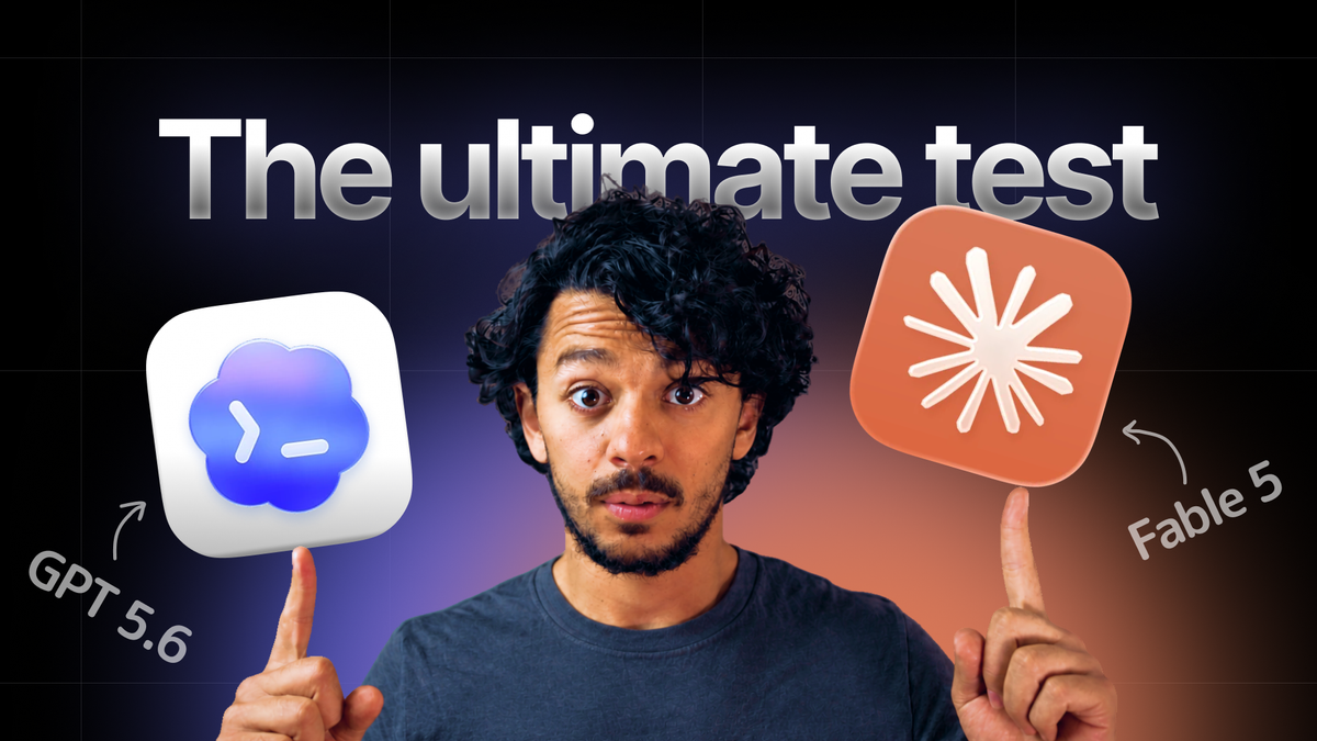Rami pointing at the Codex and Claude app icons, labeled GPT 5.6 and Fable 5, above the words The ultimate test