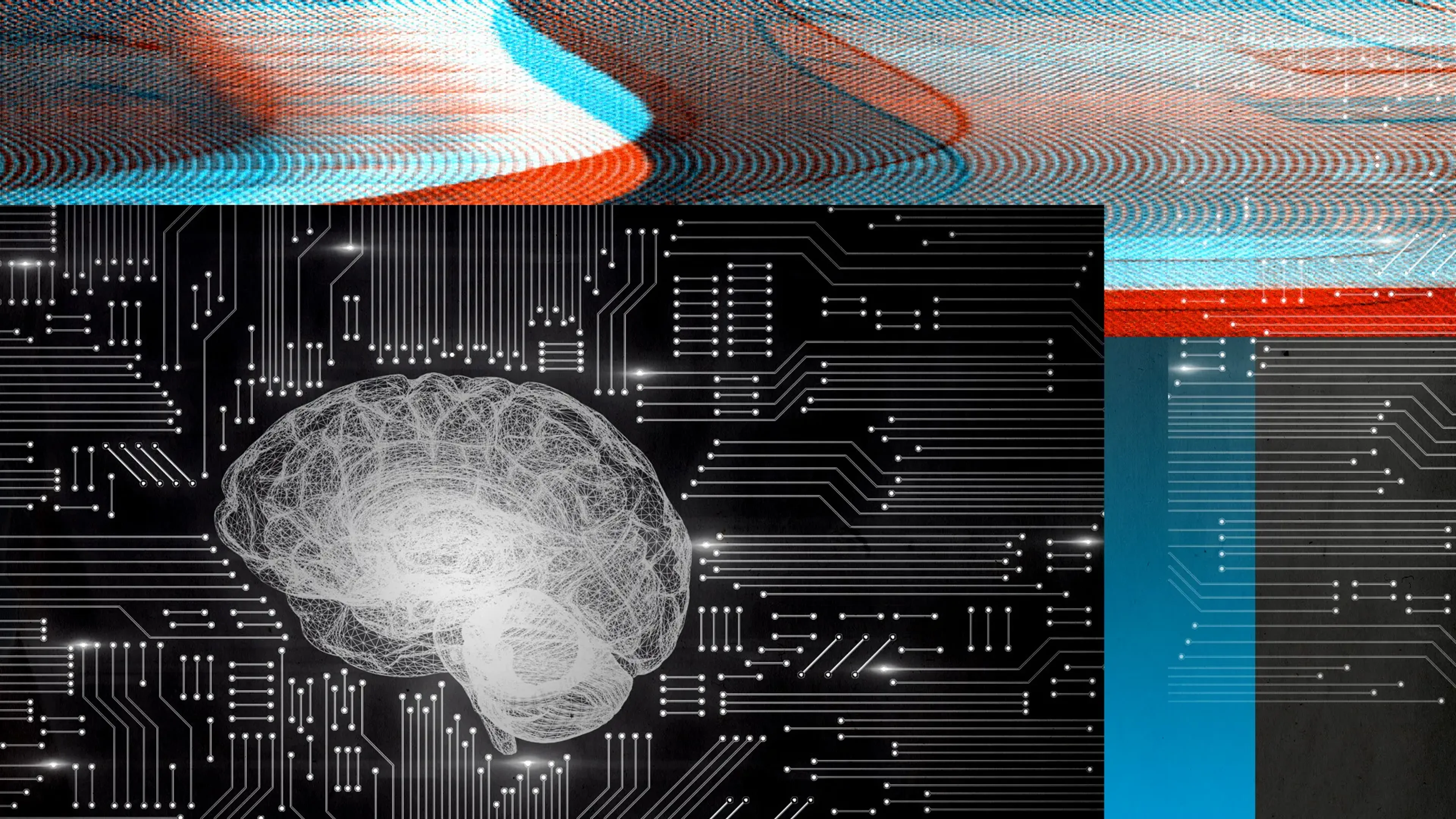 Illustration of a wireframe human brain on a black circuit board background, framed by halftone textures in red and blue