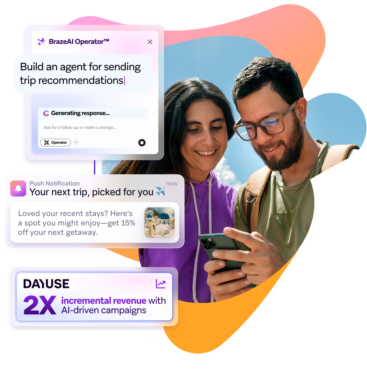 A smiling couple looks at a smartphone, surrounded by AI-powered marketing UI displaying trip recommendations, personalized notifications, and revenue growth.