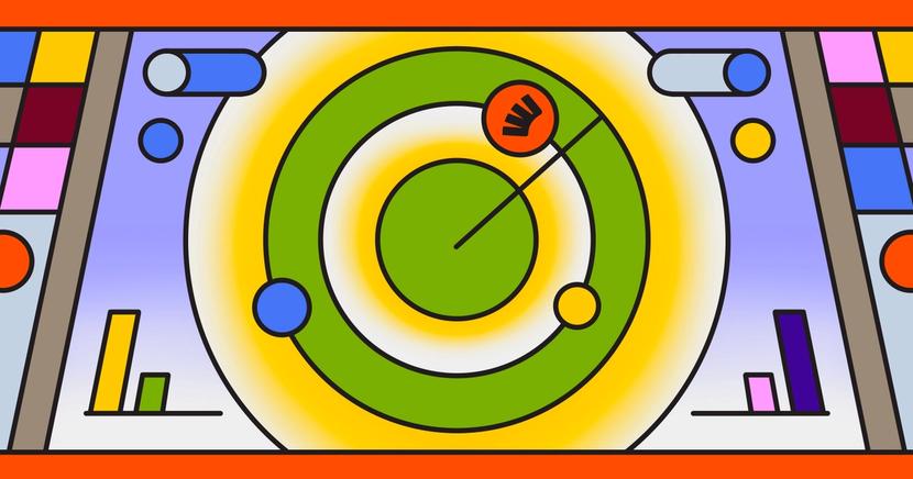 Abstract, colorful control panel with a central radar screen showing a hand icon, surrounded by geometric shapes.