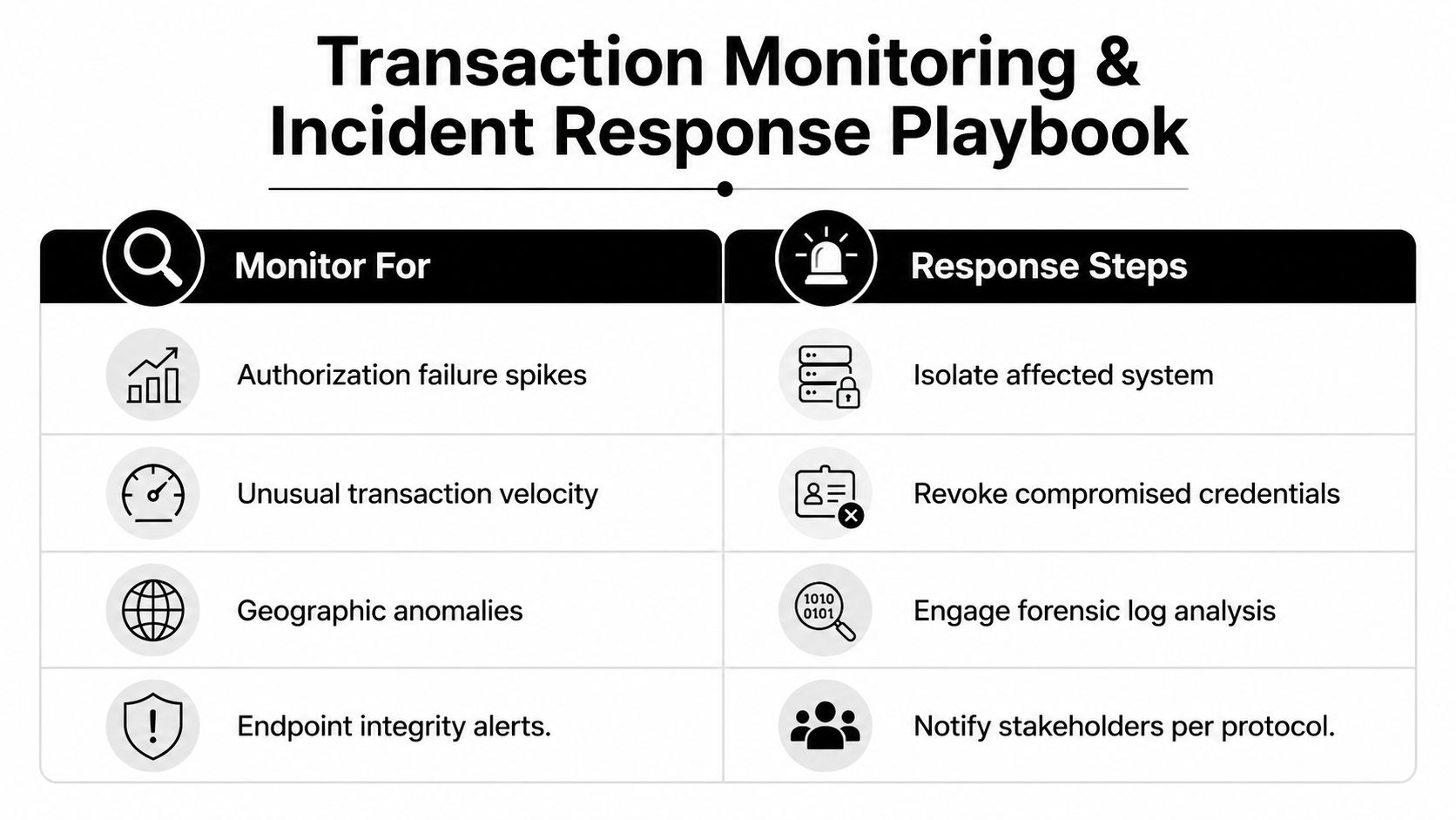A visual guide outlining key transaction monitoring indicators and corresponding incident response steps for security teams.