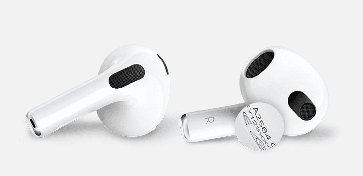 ตำแหน่งของหมายเลขรุ่นบน AirPods 3 โดยหมายเลขรุ่นจะพิมพ์อยู่ที่ด้านล่างของหูฟัง AirPods แต่ละข้าง