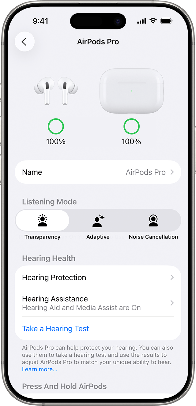 Hearing Assistance under Hearing Health in AirPods settings on iPhone.
