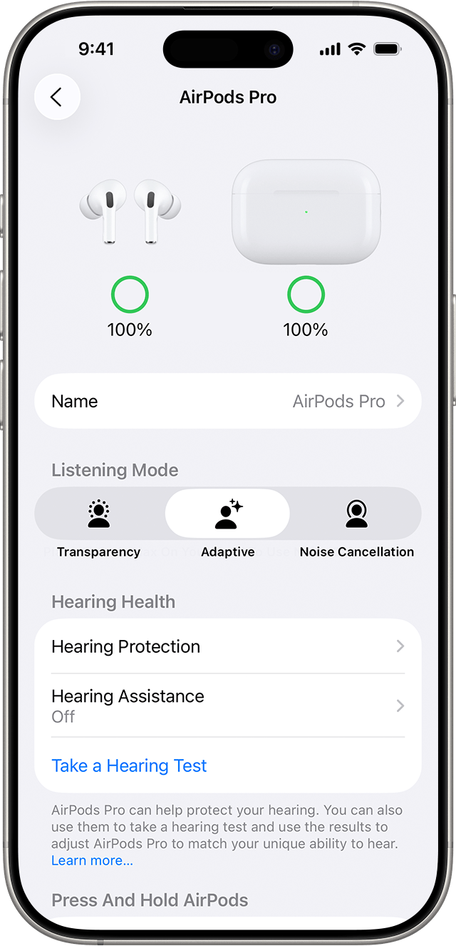 AirPods Pro settings on iPhone. Hearing Health options, including a button to take a hearing test, are listed after the Listening Mode options.