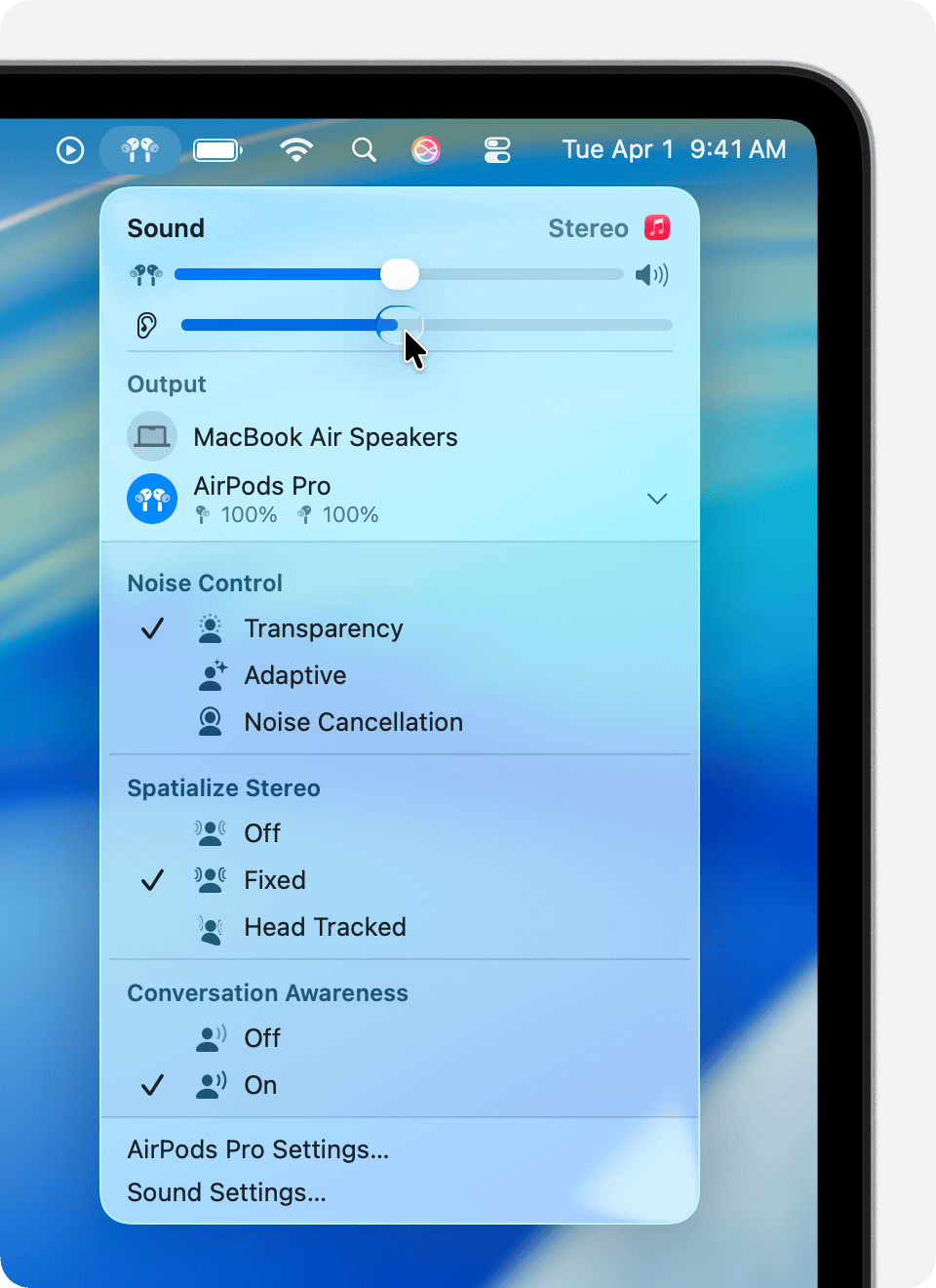 Volume and amplification sliders in sound controls in the macOS menu bar