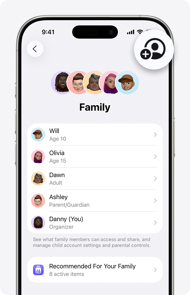 iPhone Settings showing Family settings, with the Add Member button highlighted.