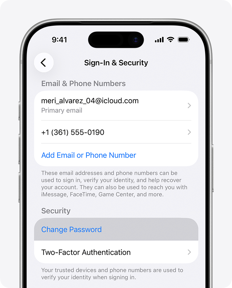 iPhone showing the Change Password button in Settings.