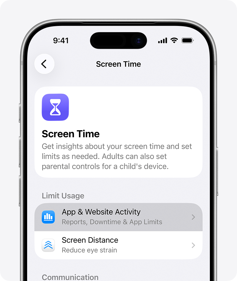iPhone screen showing the setting to turn on App & Website Activity on a child's device.