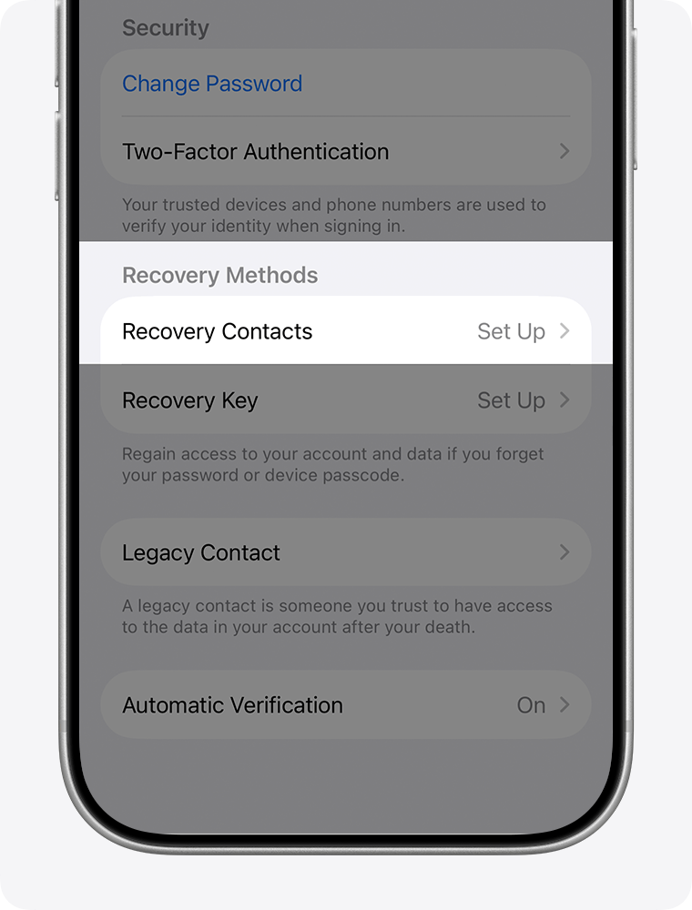 iPhone showing Apple Account settings and how to add a Recovery Contact.