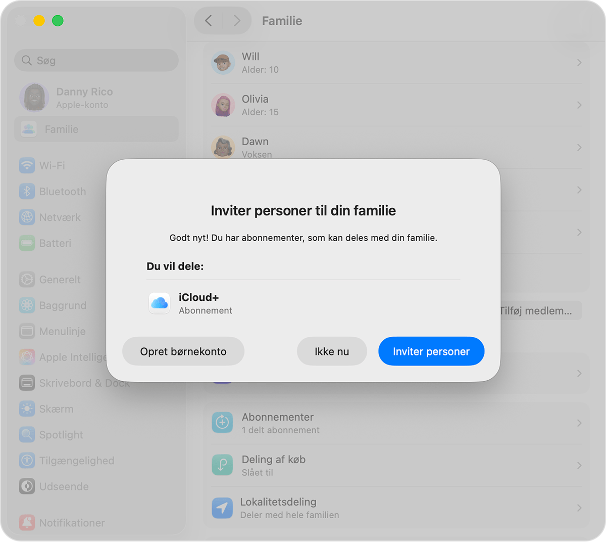 Systemindstillinger på Mac med visning af invitation til Familiedeling og knappen Opret en konto til et barn.