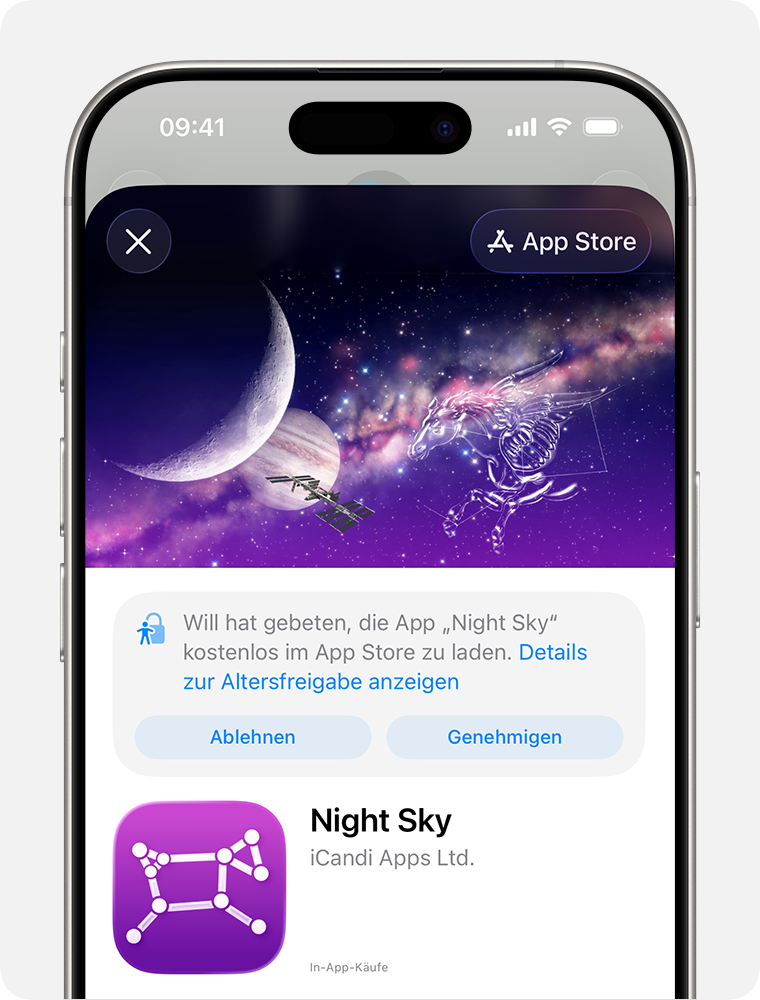 iPhone-Bildschirm, auf dem gezeigt wird, wie du eine Kaufanfrage deines Kindes genehmigst oder ablehnst.