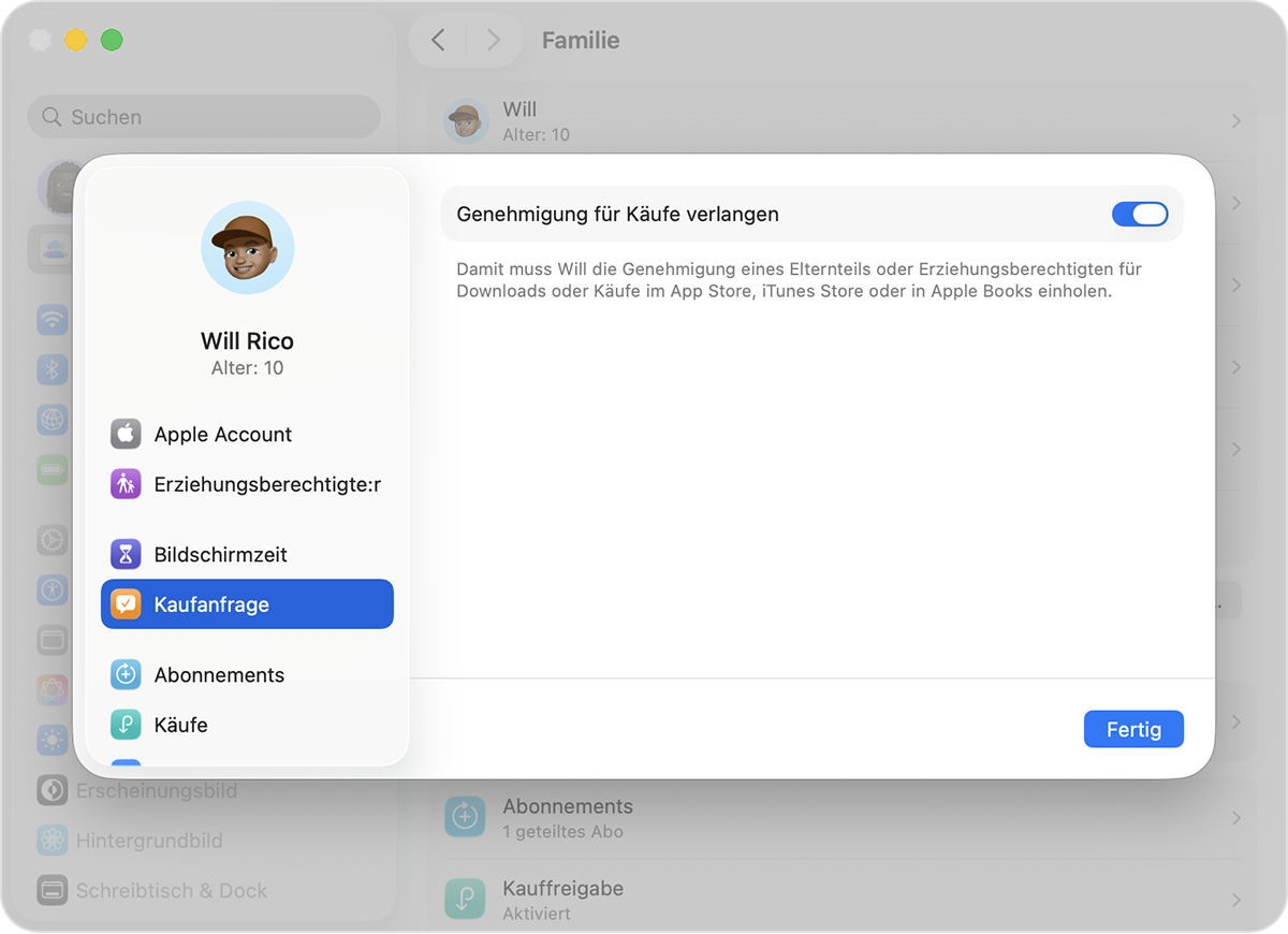 Nachdem du auf den Namen eines Familienmitglieds geklickt hast, wird „Kaufanfrage“ in der Seitenleiste angezeigt.