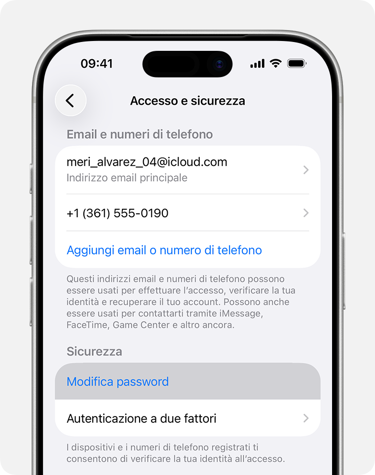 iPhone che mostra Modifica password in Impostazioni.