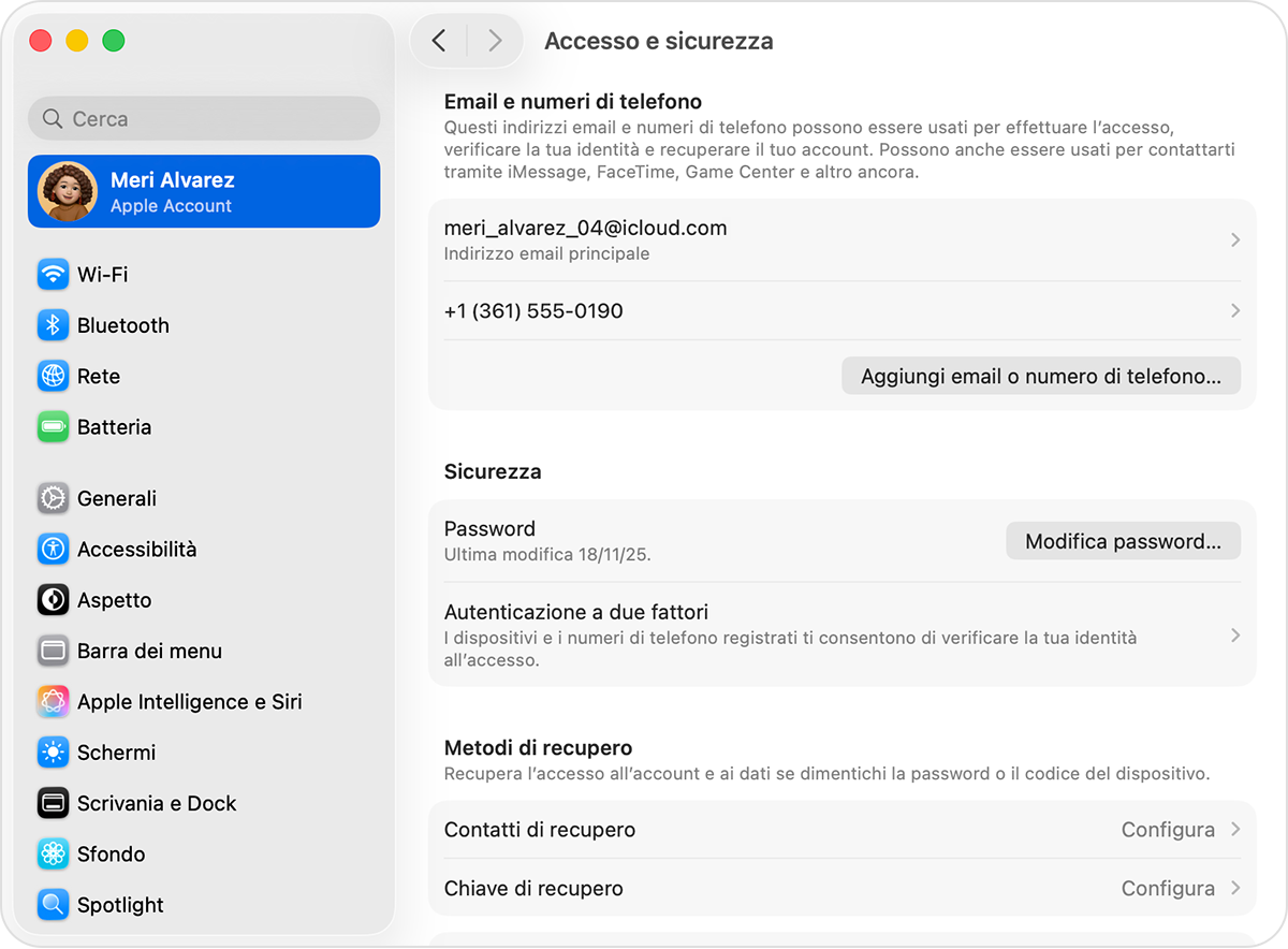 Mac che mostra le impostazioni Accesso e sicurezza.