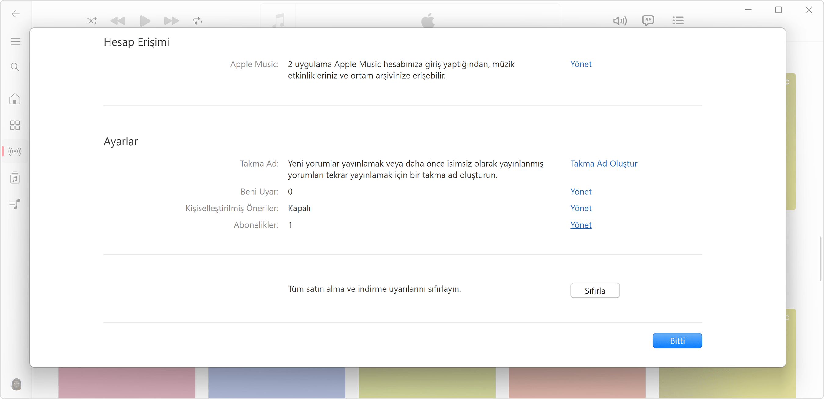 Windows için Apple Music uygulamasında, abonelikleri yönetmek için Yönet seçeneğini gösteren Apple Hesabı ayarları.