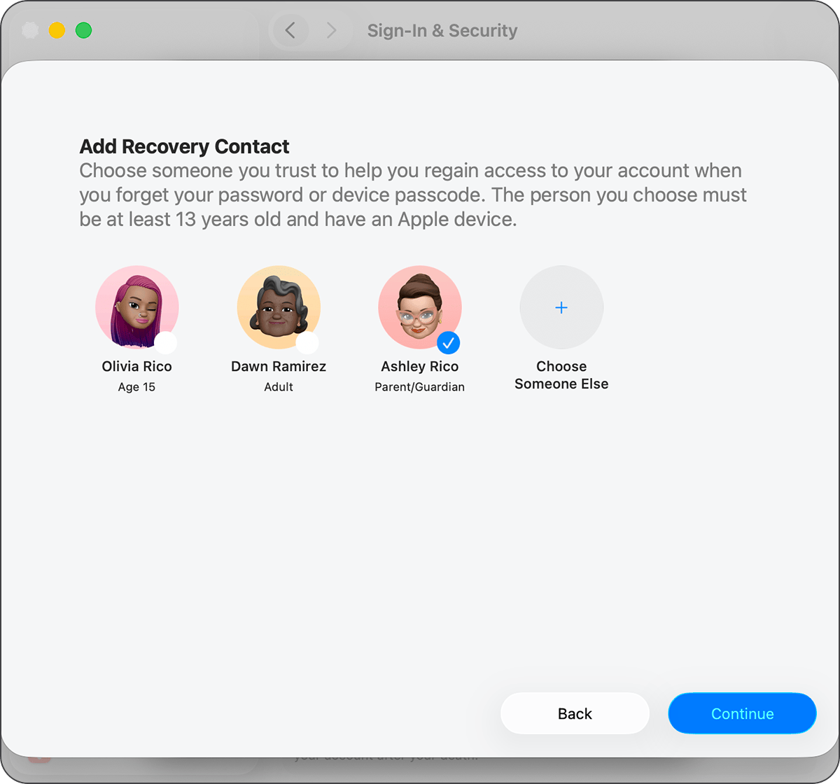 Mac showing contacts you can add as a Recovery Contact.