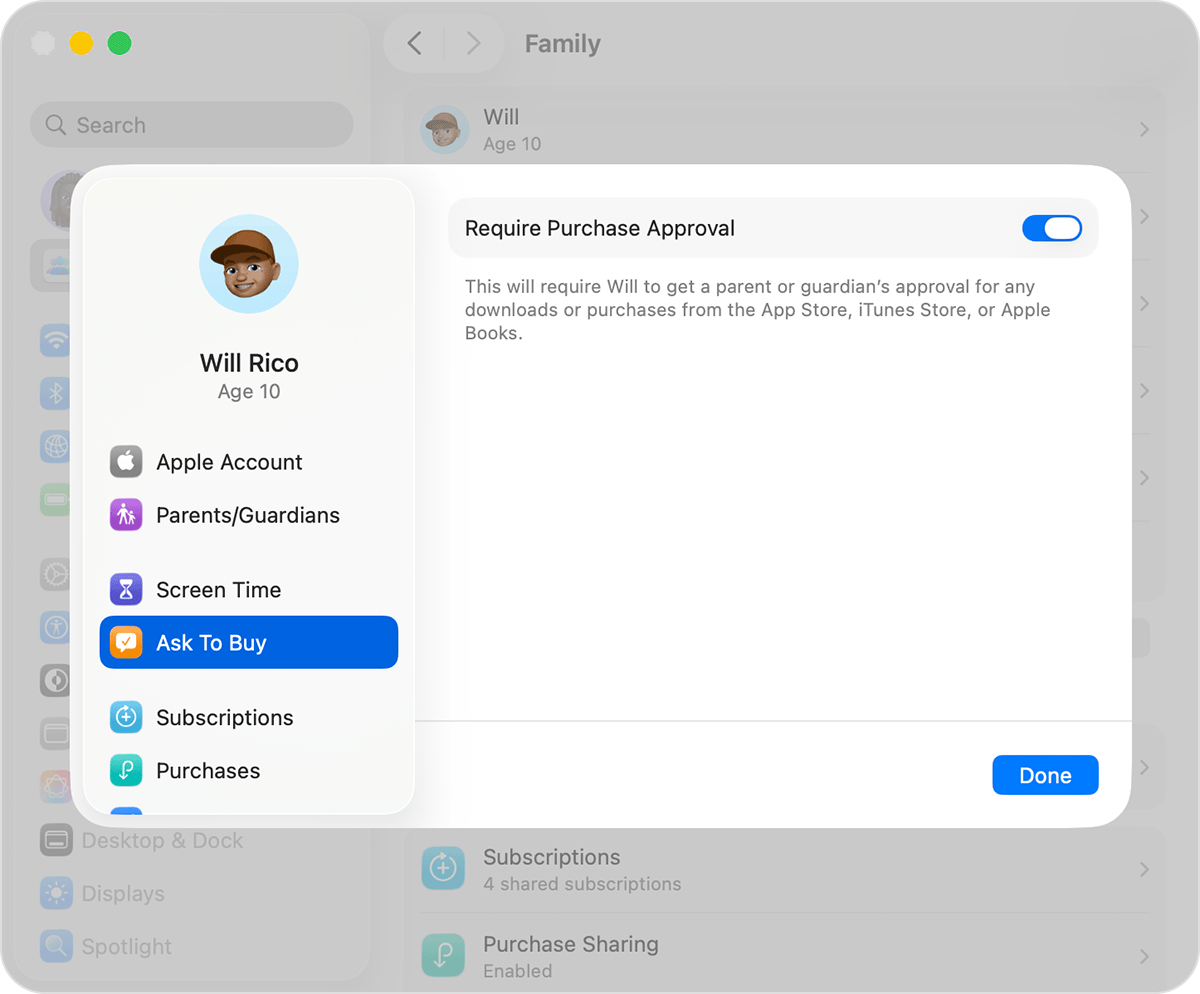 After you click a family member’s name, Ask to Buy is listed in the sidebar.