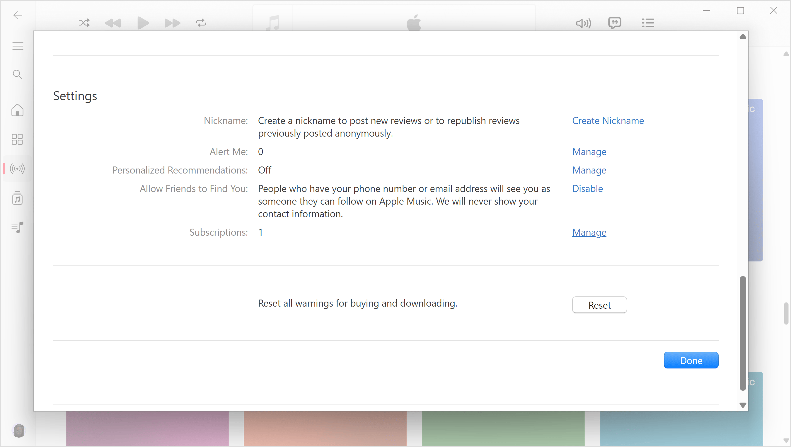 Indstillinger til Apple-konto i appen Apple Music til Windows, der viser muligheden Administrer til administration af abonnementer.