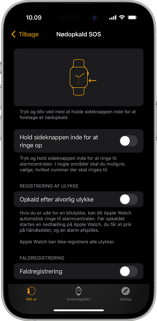 iPhone-skærm, der viser indstillinger til Nød-SOS for Apple Watch