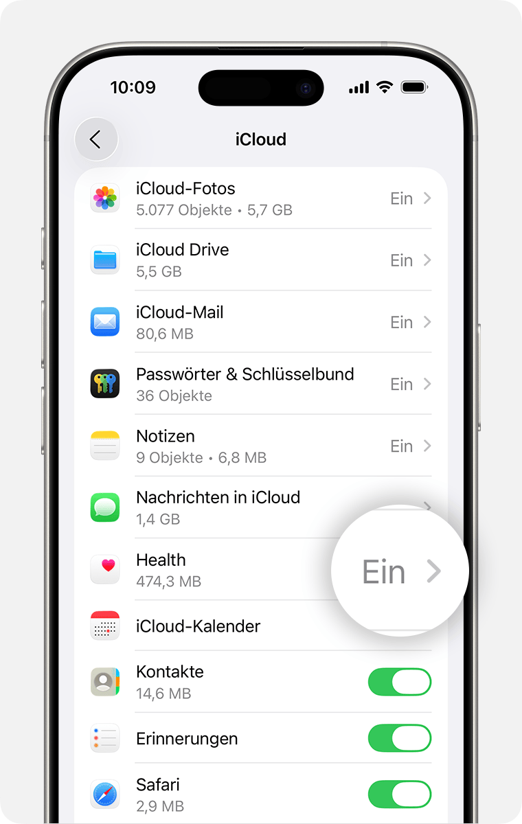 iPhone-Display mit den iCloud-Einstellungen