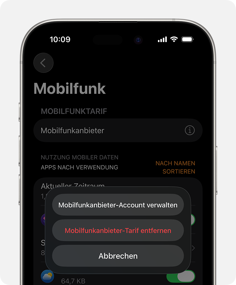 iPhone mit dem Bildschirm „Mobilfunk“ in der Watch-App