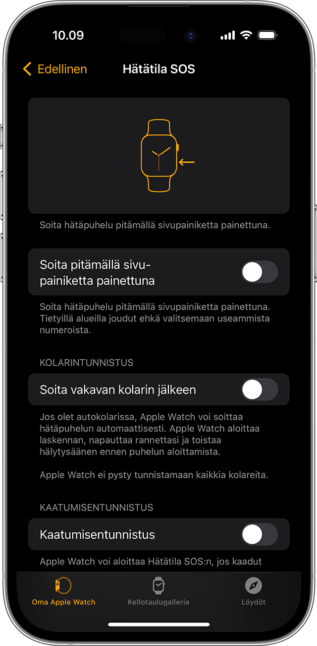 iPhone-näyttö, jossa näkyy Apple Watchin Hätätila SOS -asetukset