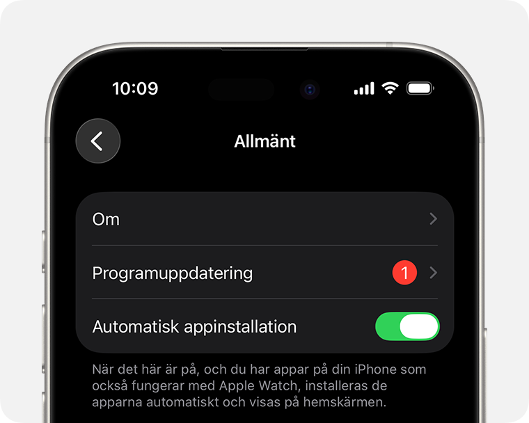 iPhone-skärm som visar skärmen Programuppdatering i Apple Watch-appen med en notissymbol.