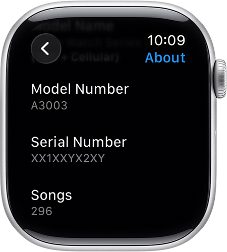 Apple Watch showing the About screen and Serial Number