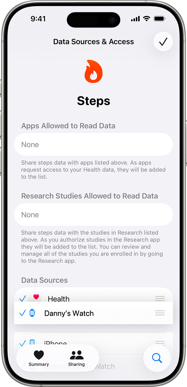 An iPhone that shows the Data Sources & Access screen where data sources can be reordered.