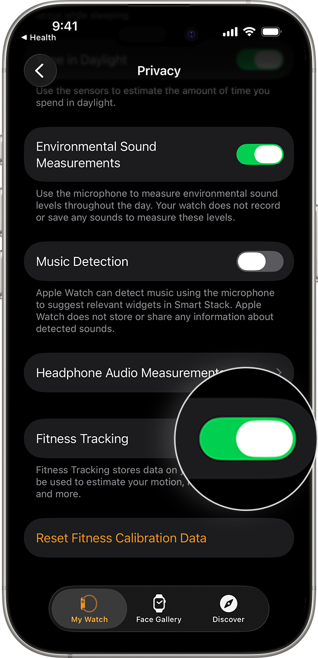 An iPhone screen that shows the Apple Watch Privacy settings with Fitness Tracking turned on.